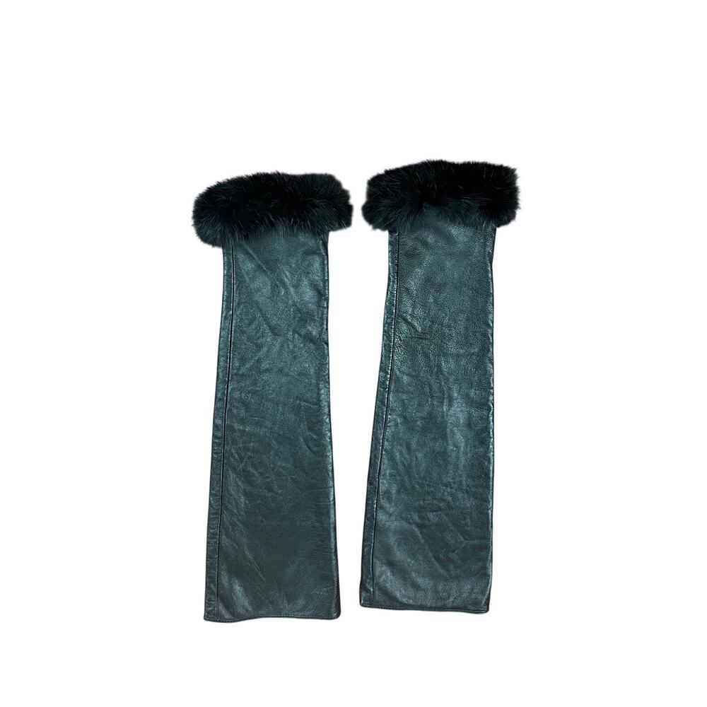 Nui Nui Black Leather & Fur Long Sleeve Cuffs Fingerless Gloves Size 7 1/2